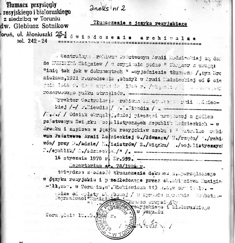 Tłumaczenie 'zaświadczenia archiwalnego z Amii Radzieckiej', 1978